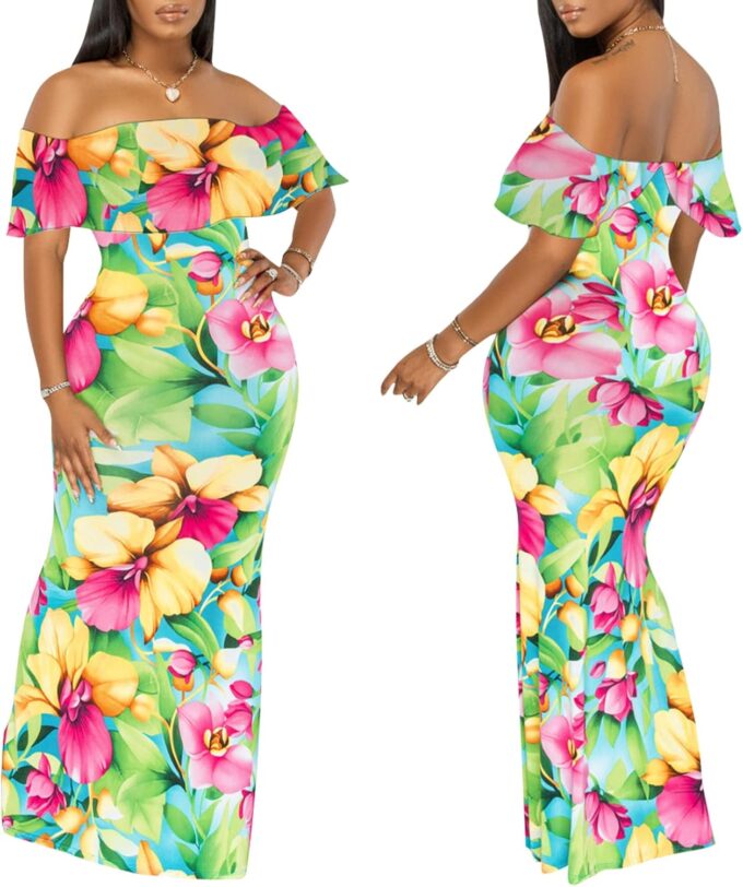 Women's Off Shoulder Maxi Dress Sexy Hawaiian Floral Long Party Dresses – Bild 3