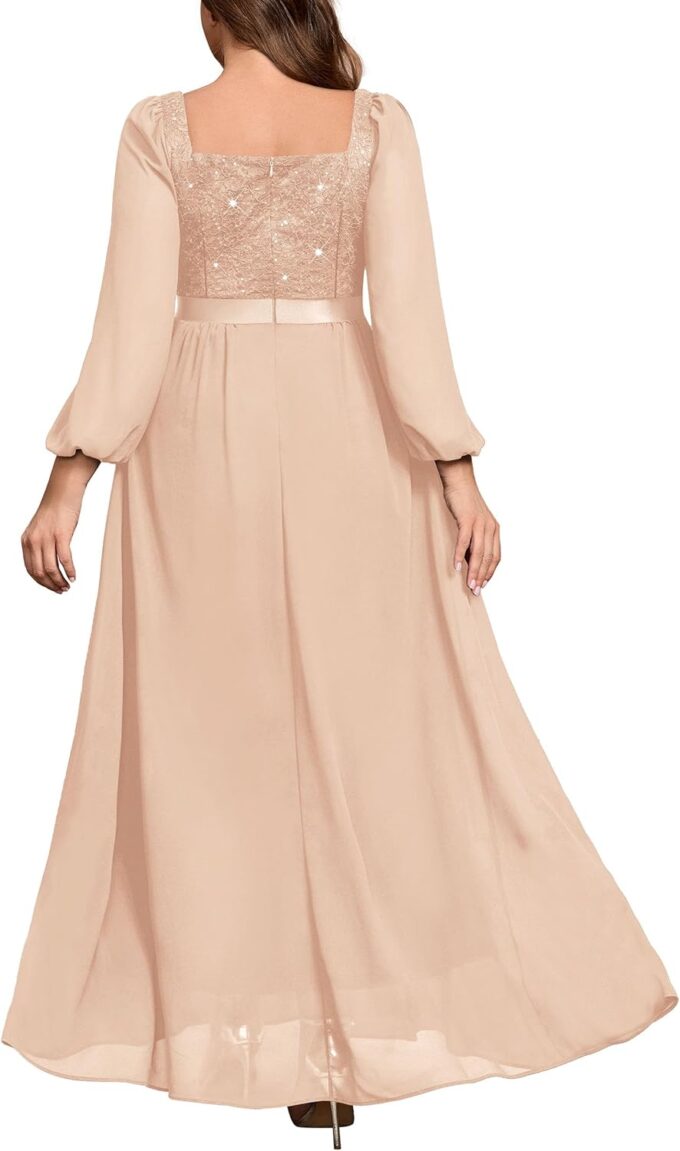 MISSMAY Women's Plus Size Sequin Lace Square V Neck Sheer Long Sleeves Formal Evening Chiffon Long Dress – Bild 2