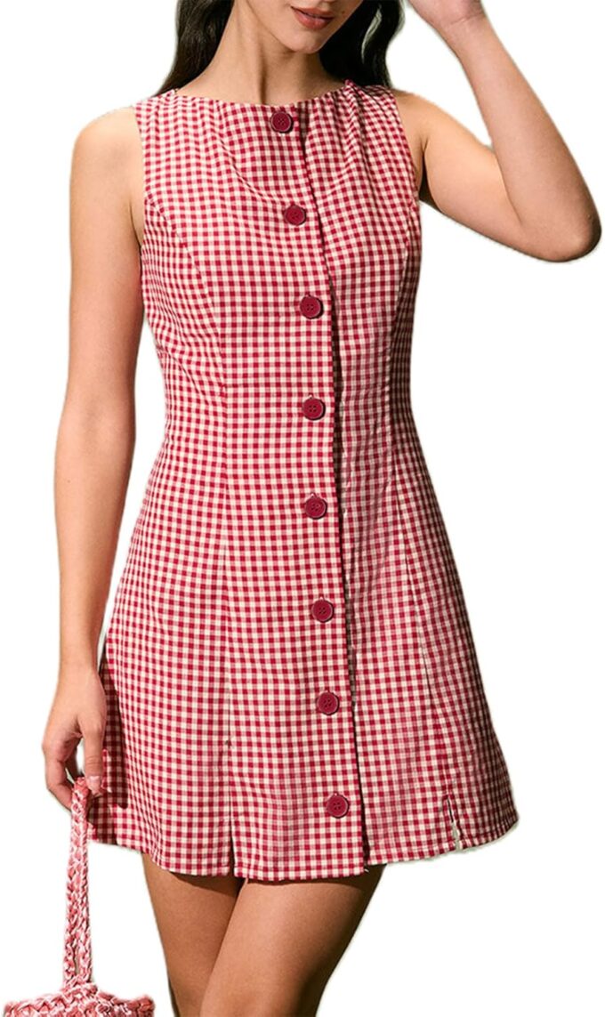 Women Summer Mini Plaid Tank Dress Sleeveless Round Neck Button Up Bodycon Cocktail Party Dress