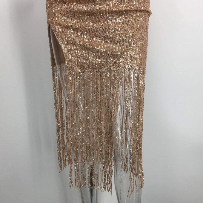 Women Tassel Deep V Neck Slip Dress Backless Off Shoulder Sequin Sexy Dresses Spaghetti Strap Bodycon Clubwear – Bild 6