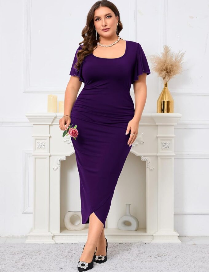 ZOMVA 2024 Plus Size Cocktail Dress Comfortable Bell Sleeves Wedding Guest Square Neck Semi Formal – Bild 6