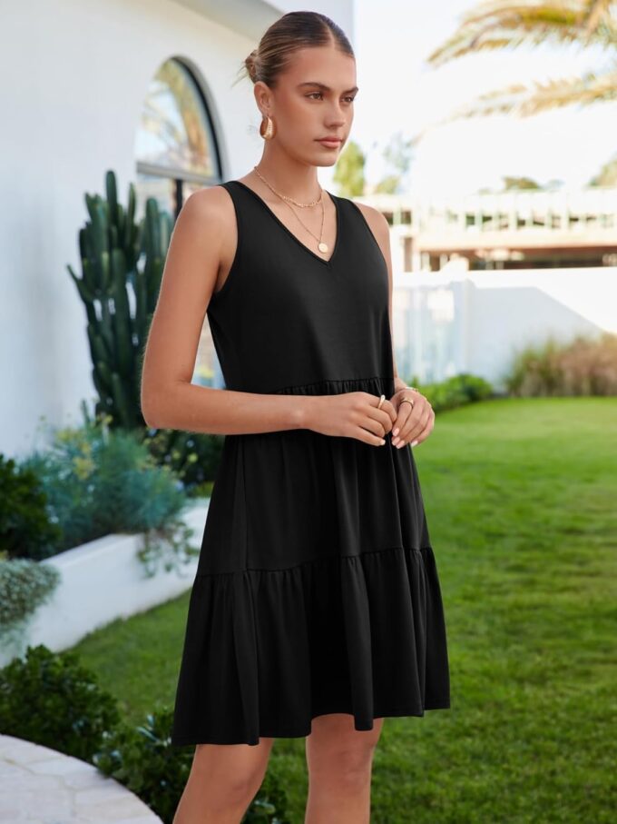 Womens Summer Dresses V Neck Tank Tiered Flowy Mini A Line Casual Sundress with Pockets – Bild 3