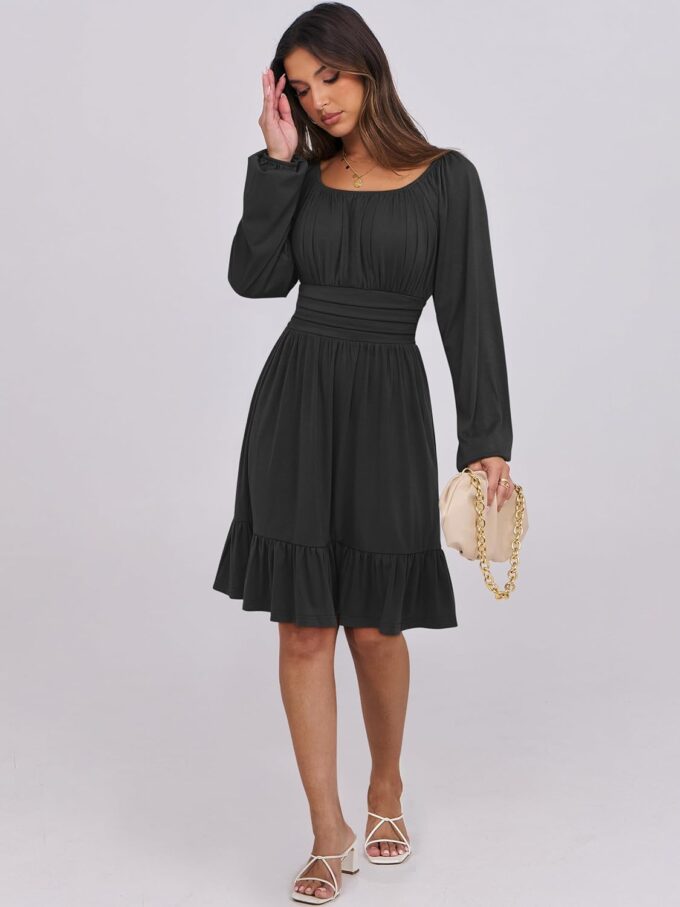 ANRABESS Womens Dress Long Lantern Sleeve Square Neck Elastic Waist Ruffle Flowy Swing A-Line Short Dresses 2025 Fall Fashion – Bild 6