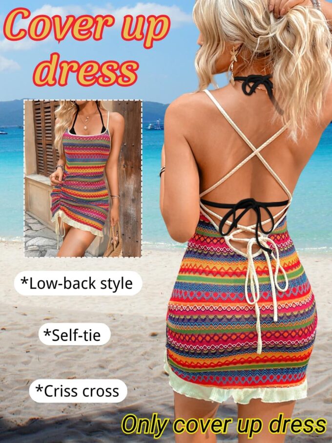 Boho Crochet Striped Swimsuit Coverup, Square Neck Low-Back Bodycon, Drawstring Ruffle Mini Dresses for Women – Bild 2