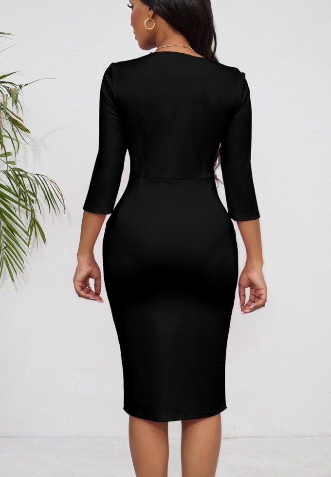 FANDEE Damen Vintage Kleider 3/4 Ärmel V-Ausschnitt Bodycon Bleistift Midi Arbeit Kirche Kleid mit Gürtel – Bild 2