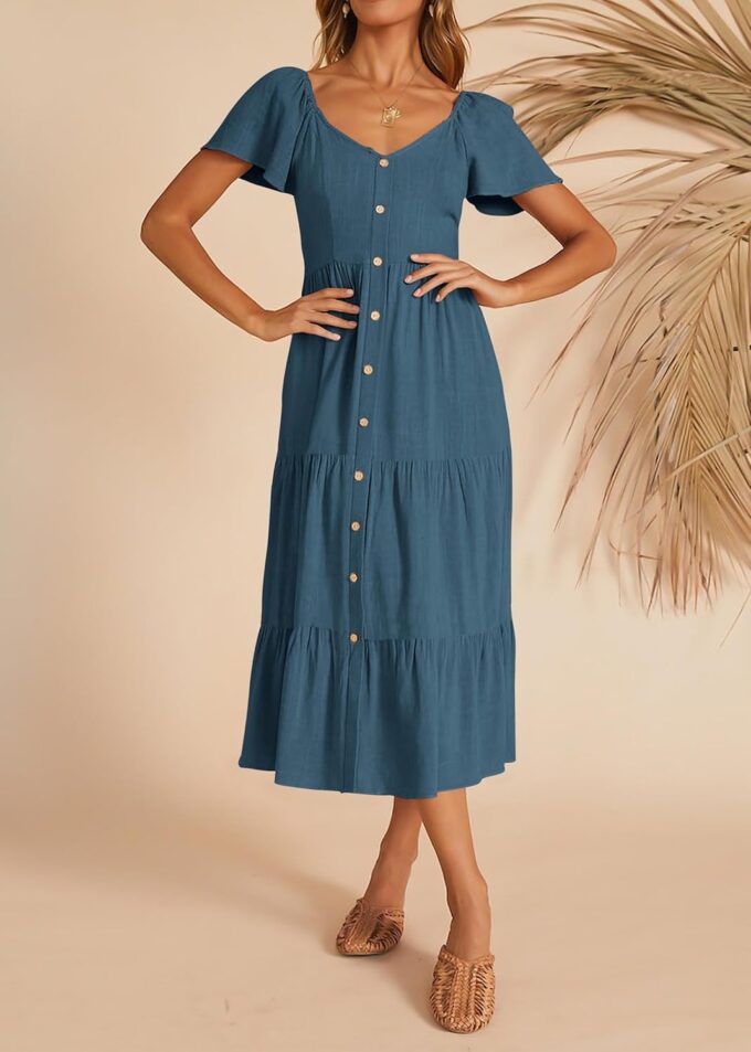 KIRUNDO Women 2025 Spring Summer Casual Short Sleeve Midi Dress Button V Neck Tiered Vacation Sundress with Pockets – Bild 3