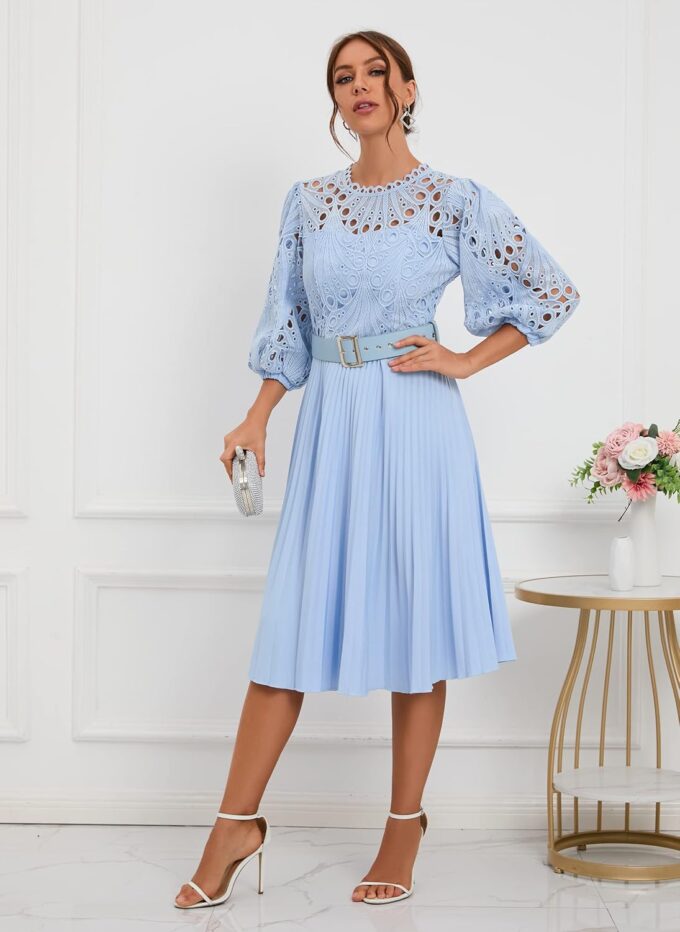 IWFEV Lace Pleated Dress Puff Sleeve Mid-Calf Short Sleeve Midi Dress Hollow Party Evening Dress – Bild 3