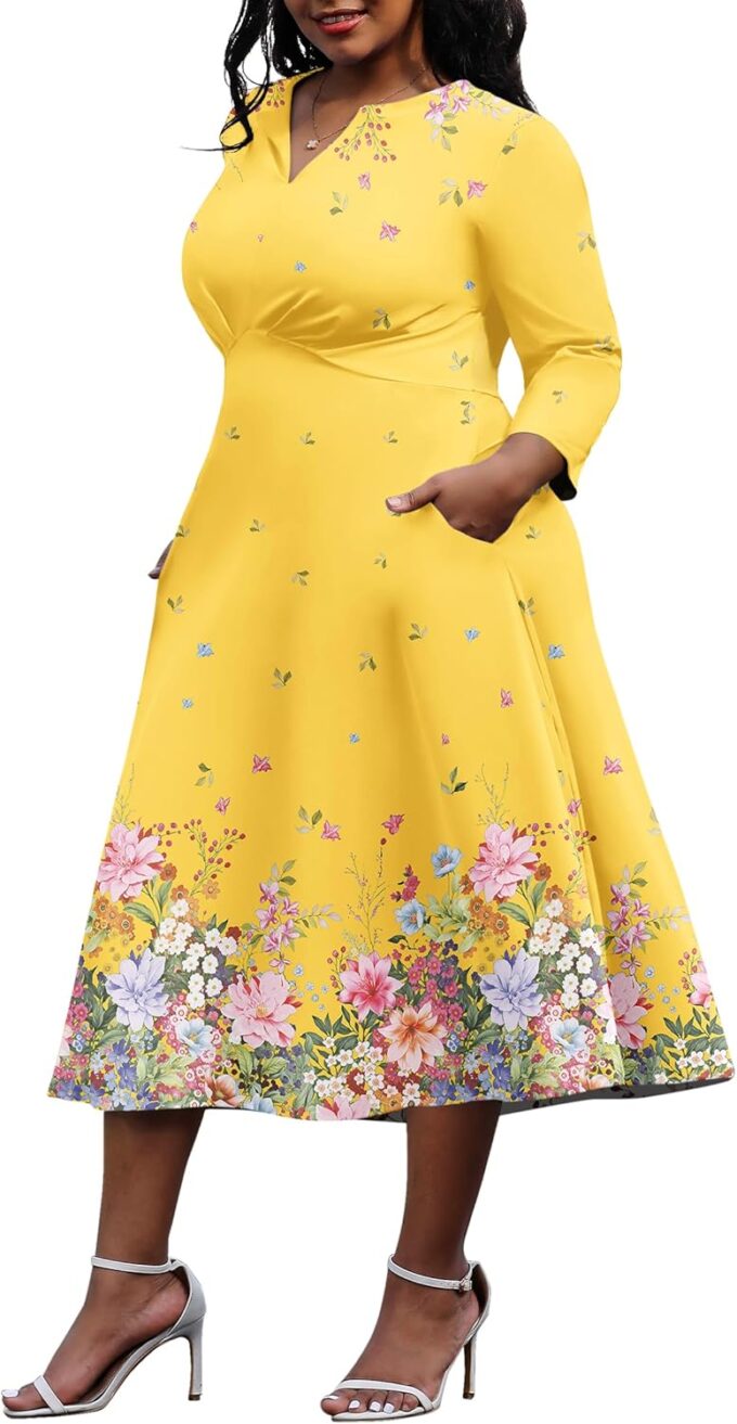 Nmoder Women's Plus Size Stretchy Flared Wrap Dress Casual Wedding Guest Midi Dresses V Neck 3/4 Sleeve A-Line Swing Dress