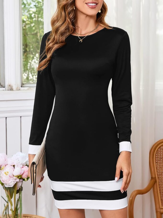 YIQ8 Damen-Arbeitskleid, Business, Casual, Colorblock, gestreift, elegant, langärmelig, Rundhalsausschnitt, Strick, figurbetontes Minikleid – Bild 5