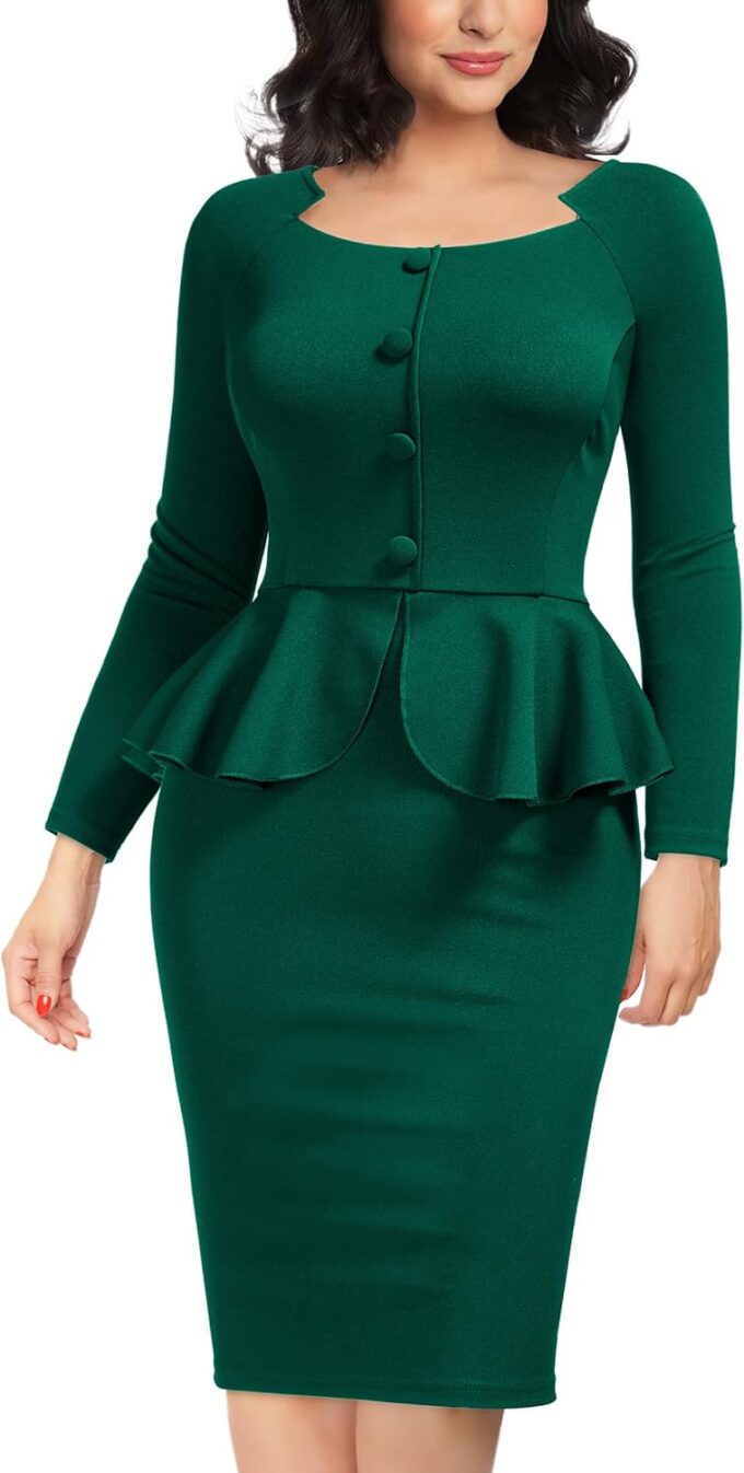 AISIZE Women's Vintage Square Neck Long Sleeve Peplum Cocktail Party Dress