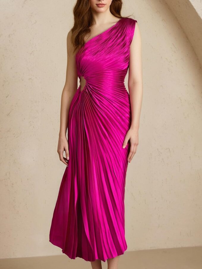Women's Pleated One Shoulder Satin Dress Cut Out Sleeveless Asymmetrical Maxi Dresses – Bild 5