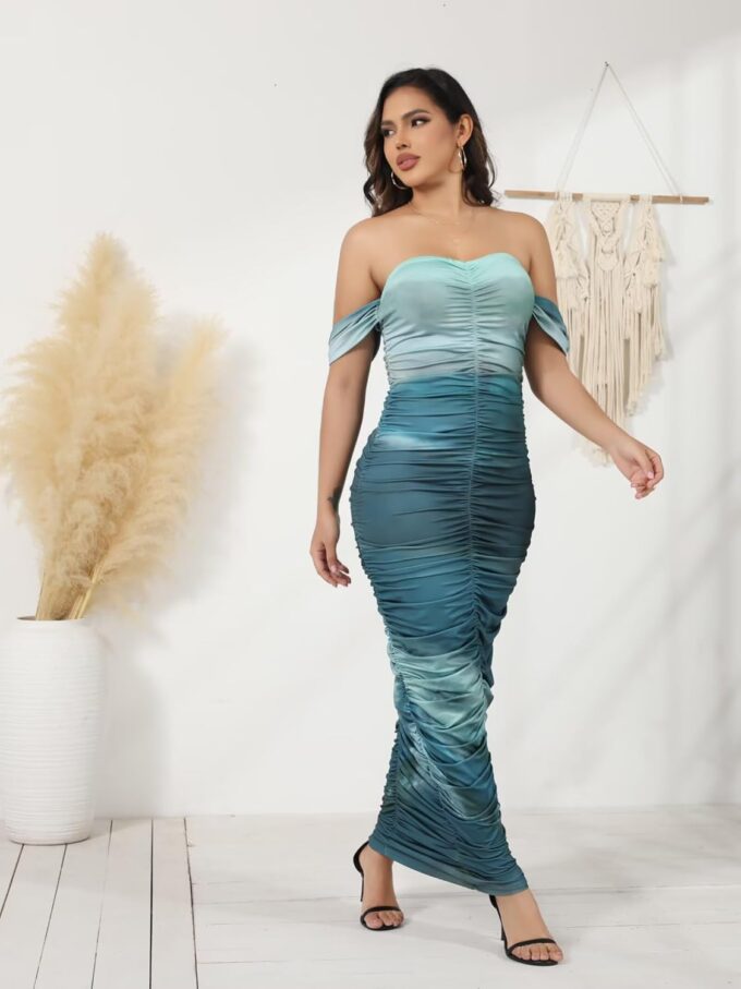 Ophestin Women Sexy Off The Shoulder Short Sleeve Tie Dye Ruched Bodycon Maxi Dress Party Club Dresses – Bild 3