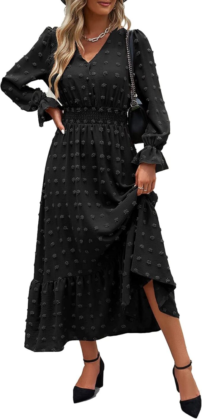 MASCOMODA Women Maxi Dress 2025 Fall Long Sleeve V Neck Swiss Dot Boho Smocked High Waisted A-Line Tiered Flowy Long Dresses