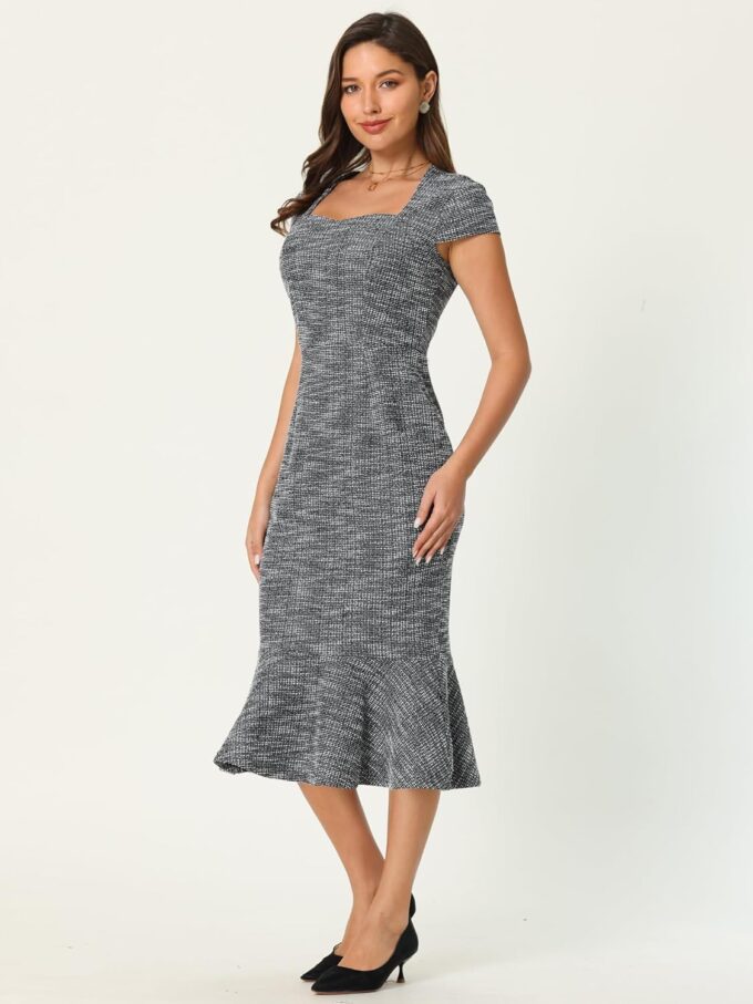 Hobemty Damenkleid aus Tweed, Fischschwanz, quadratischer Ausschnitt, Flügelärmel, formelle Arbeitskleider – Bild 3