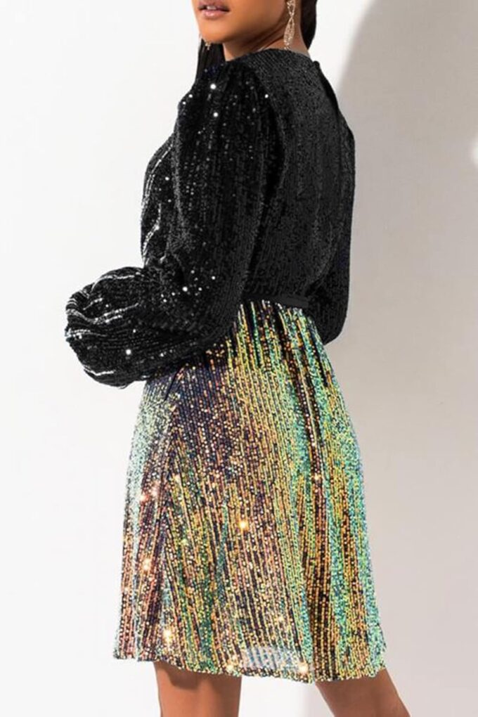 828 - Plus Size Long Sleeves Wrapped V Neck Sequins Skater Style Cocktail Evening Club Dress – Bild 2