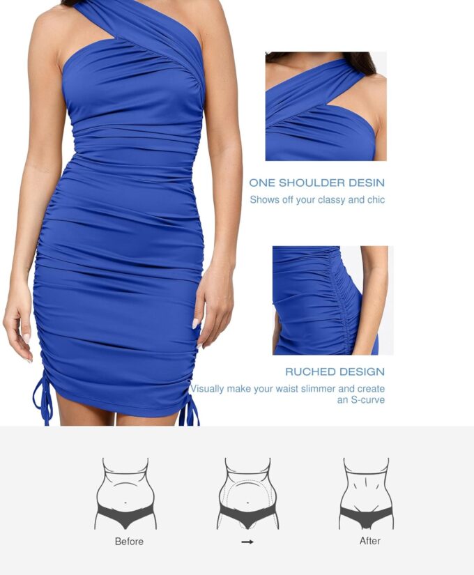 Popilush Shapewear Dress One Shoulder Ruched Dress with Drawstring for Women Summer Dress BlueTag Collection – Bild 4