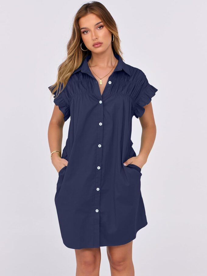 ANRABESS Womens Summer Button Down Shirt Dress Ruffle Short Sleeve Mini Dresses Loose Fit Casual Sundress with Pockets – Bild 2