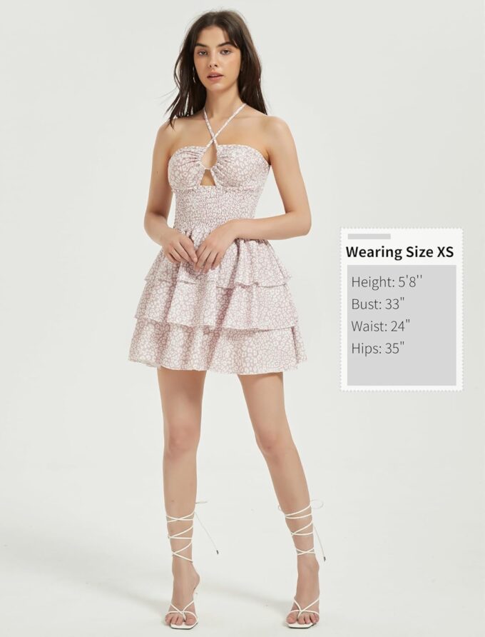 Mebius Womens Floral Mini Dress Summer Criss Cross Halter Backless Preppy Smocked Waist Short Ruffle Dress Picnic Beach – Bild 6