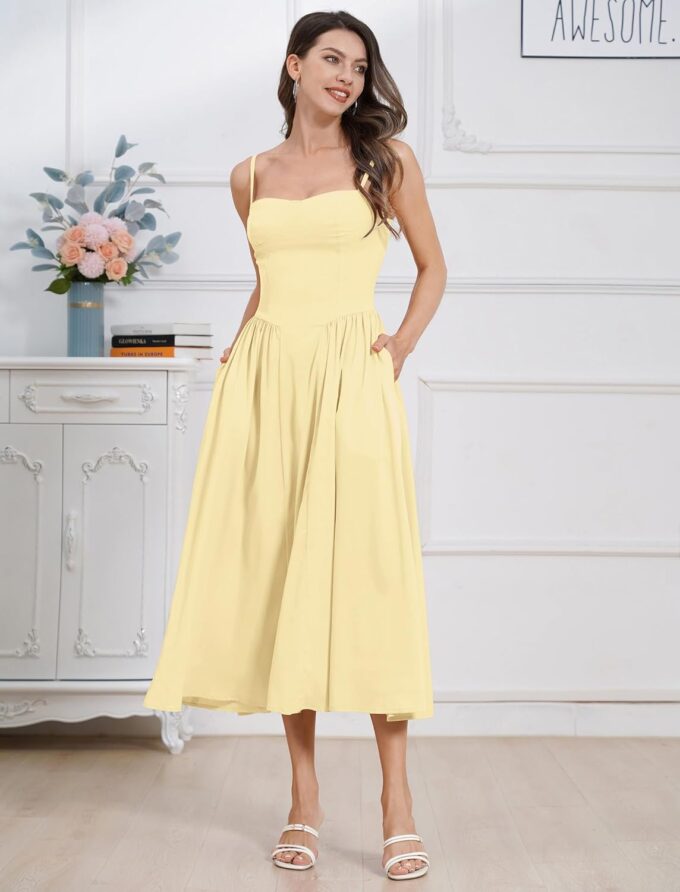 Women Floral Corset Dress Boho Spaghetti Strap Lace Up Casual Midi Dresses with Pockets Low Cut Flowy Bustier Sundress – Bild 5