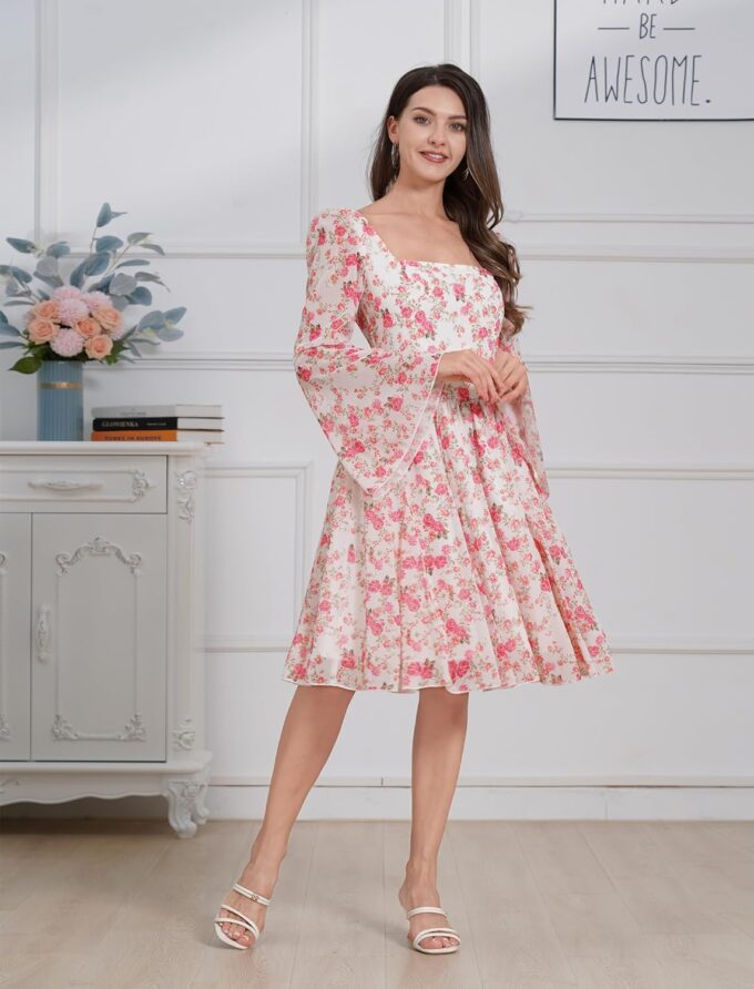 Fall Wedding Guest Dresses for Women Floral Chiffon Dresses Long Bell Sleeve Square Neck Short Ruffle Dress – Bild 4