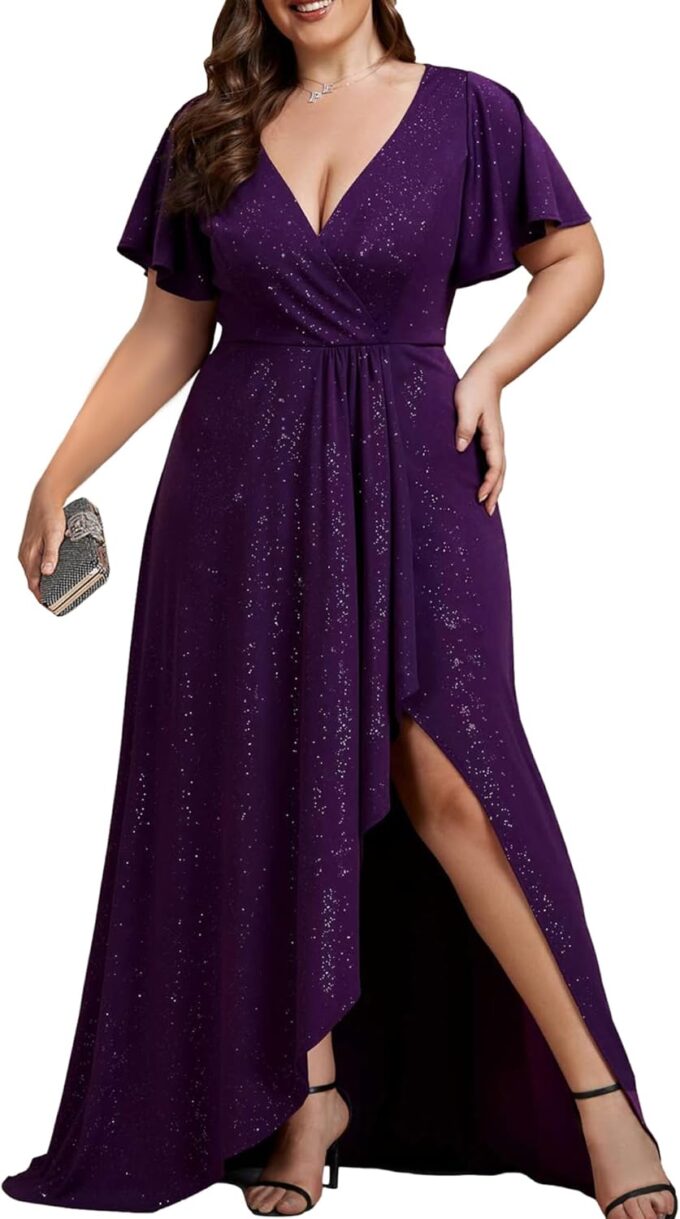 Ever-Pretty Women's Glitter Stretchy V Neck A-line High Low Plus Size Formal Dresses with Ruffles Sleeves 01738-PH