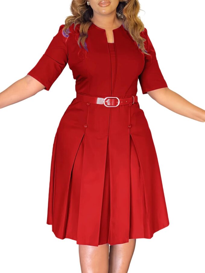 Church Dress for Women 3/4 Sleeve Skirt with Belted Midi Dresses Fit for Office Work and Cocktail Party Outfits