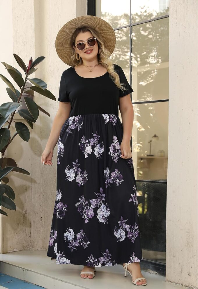 Nemidor Plus Size Maxi Dresses for Curvy Women Casual Summer Short Sleeve Chevron Print Long Dress with Pocket 14-26 – Bild 4