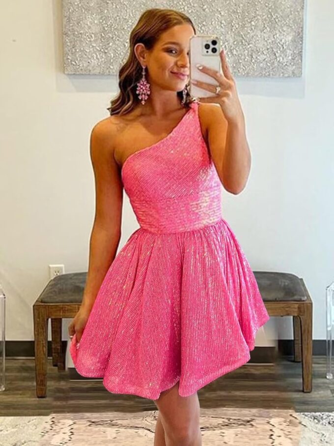 One Shoulder Short Sequin Homecoming Dresses for Teens 2024 Sparkly HOCO Prom Dress with Pockets – Bild 4