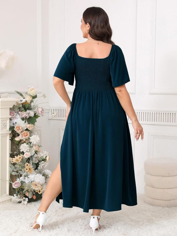 Plus Size Dress Wedding Guest Semi Formal Ruffle Short Sleeve Sweetheart Neckline Slit A Line Flowy Maxi Dresses – Bild 4
