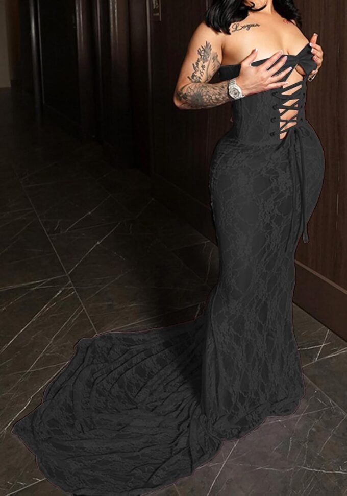 Sexy Strapless Lace Maxi Dress See Through Sleeveless Bodycon Tube Sheer Mermaid Dress Evening Party Gowns Dresses – Bild 4