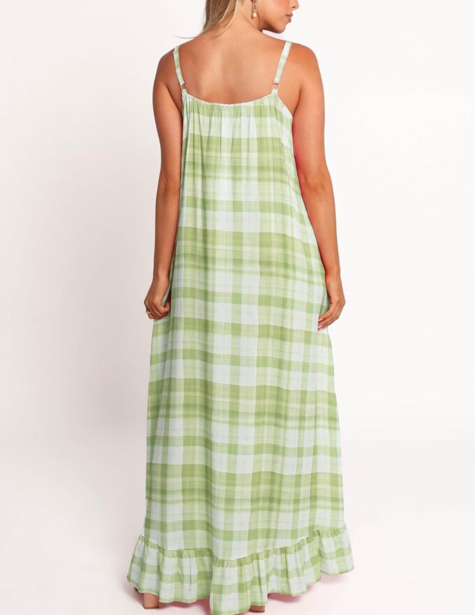 Spaghetti Strap Dresses for Women Plaid V Neck Maxi Sundress Beach Long Dress with Pockets – Bild 4