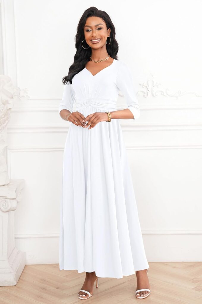FANDEE Casual Maxi Dress for Women Summer Wtih Pockets 3/4 Sleeve V Neck Elastic High Waist Elegant Pleated A-Line Dresses – Bild 2