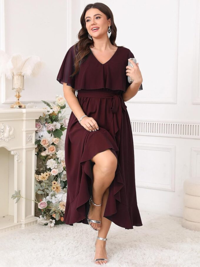 Women Plus Size Long Formal Dress Short Sleeve Chiffon Ruffle V Neck High Low Split Wedding Guest Maxi Dresses – Bild 4