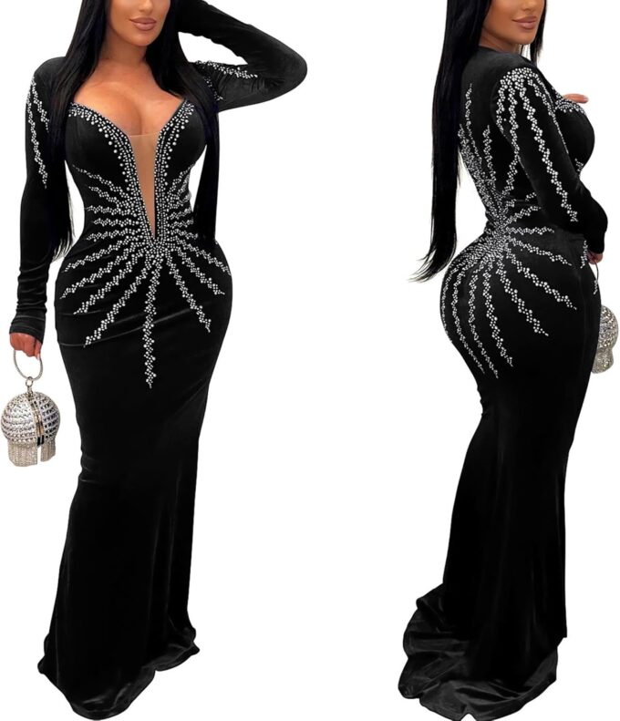 PORRCEY Women Sexy Elegant Rhinestone Mesh See Through Dress Hot Drilling Party Club Night Outfits – Bild 3