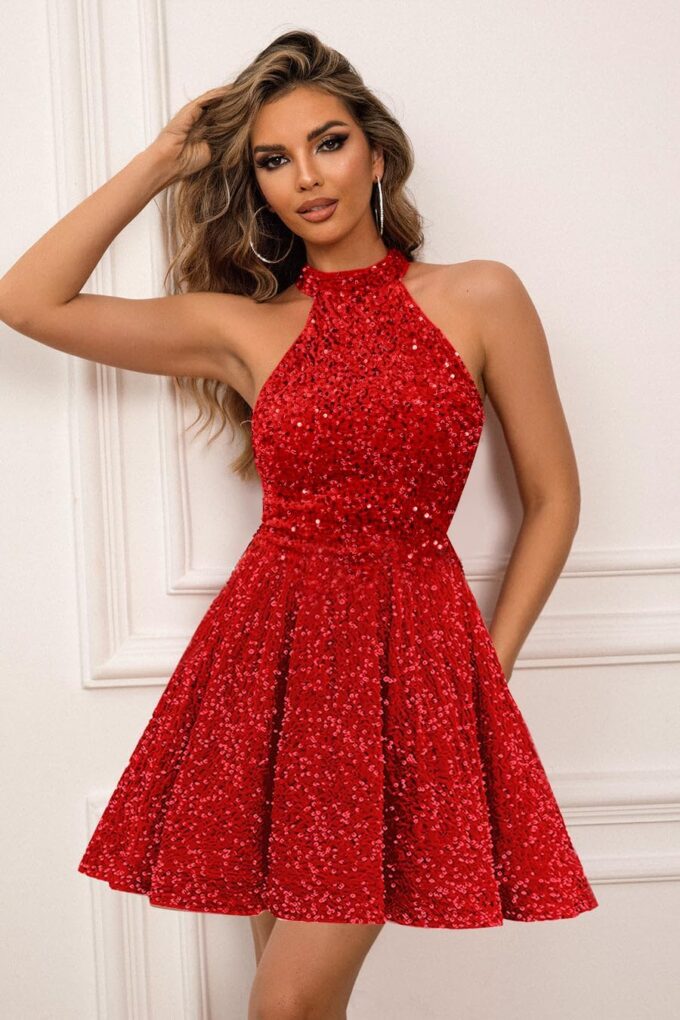 Sequin Homecoming Dresses for Teens 2025 Halter-Neck A-line Sparkly Short Prom Evening Formal Party Ball Gowns – Bild 3