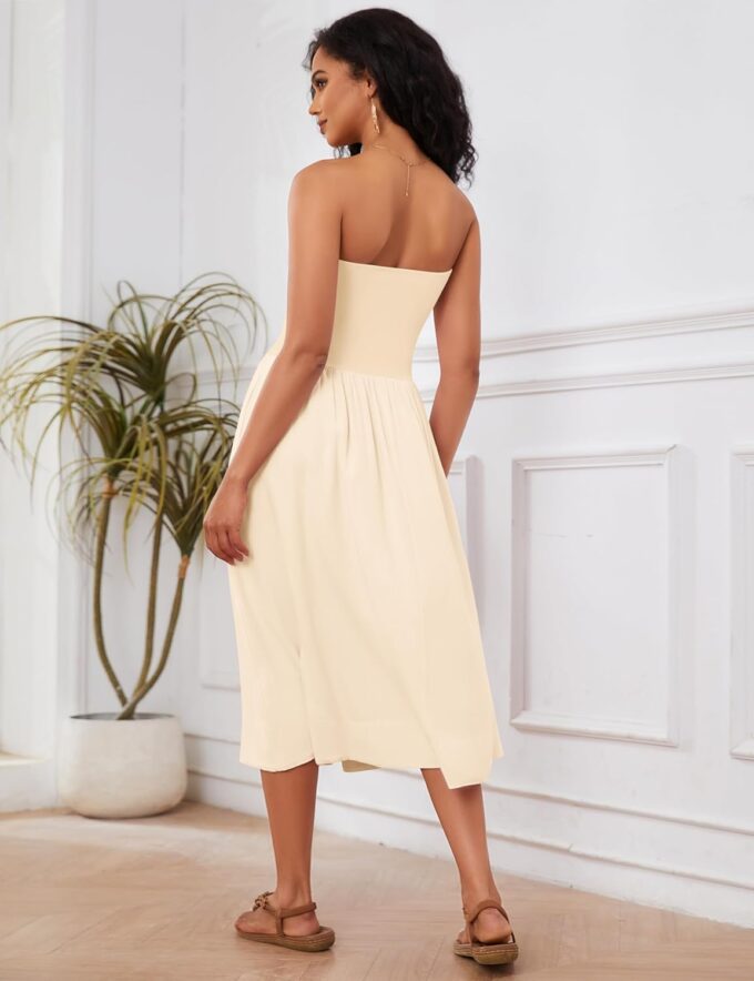 Livtany Women Off Shoulder Midi Dress Strapless Sleeveless Drop-Waist A Line Tube Dress Trendy Summer Swing Patchwork Dress – Bild 6