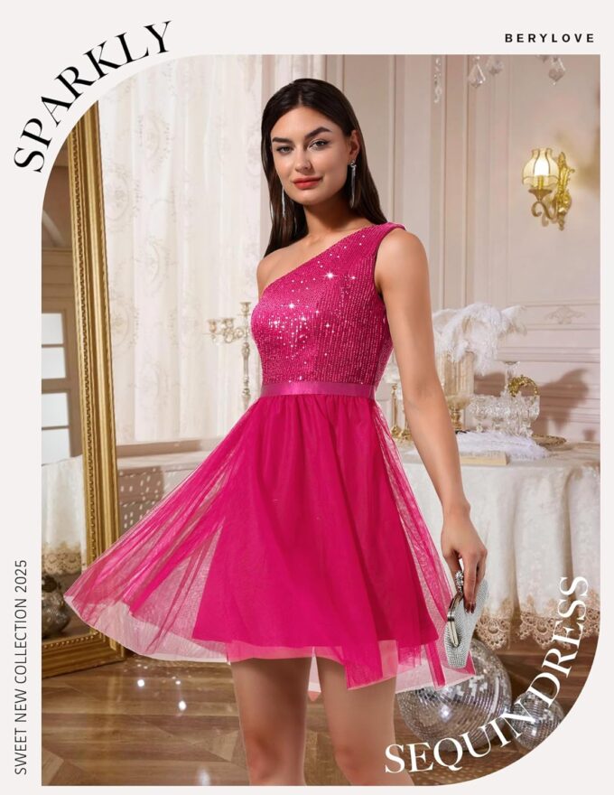 BeryLove Womens Sequin Short Homecoming Dress Formal One-Shoulder Cocktail Dress – Bild 2