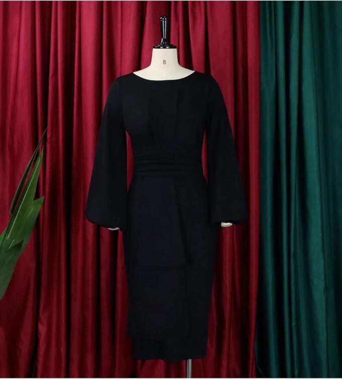 ECDAHICC Elegantes Damenkleid, formell, Übergröße, Puffärmel, Rundhalsausschnitt, Patchwork, figurbetontes Business-Bleistift-Midikleid – Bild 4