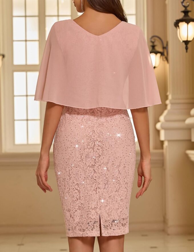Women's Wedding Guest Cape Dress Cocktail Party Formal Chiffon Lace Sequin Dress – Bild 4