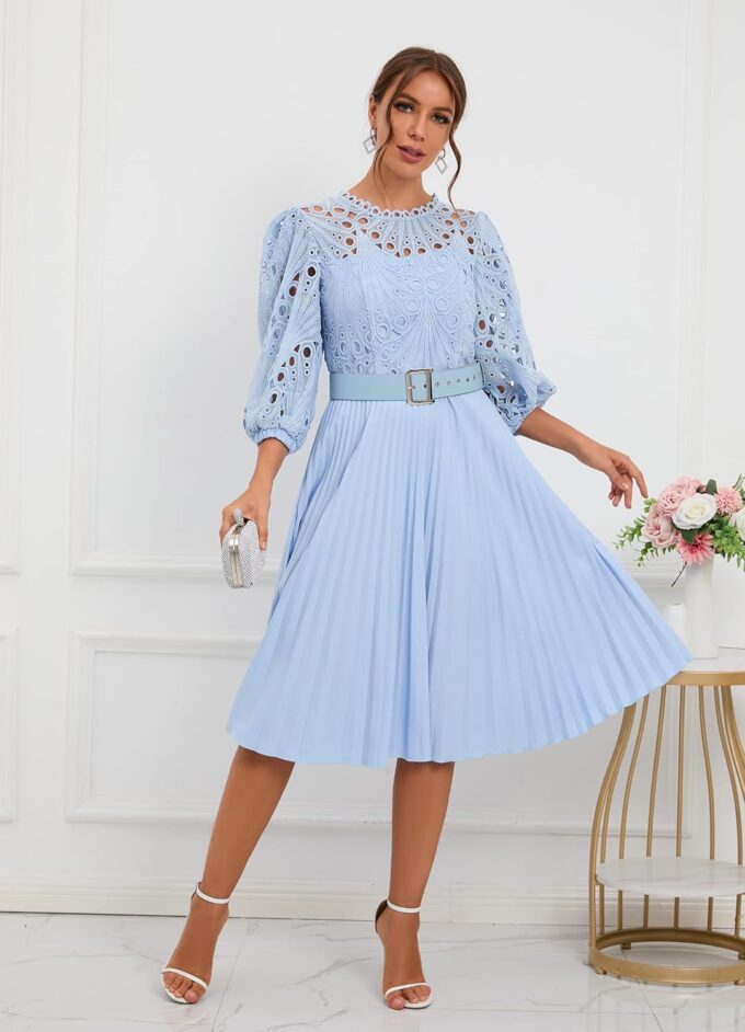 IWFEV Lace Pleated Dress Puff Sleeve Mid-Calf Short Sleeve Midi Dress Hollow Party Evening Dress – Bild 4