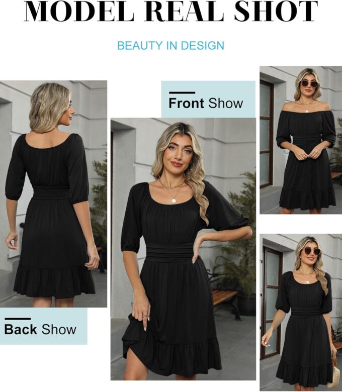 ANRABESS Women Summer Casual Short Lantern Sleeve Square Neck A-Line Flowy Boho Mini Dress 2025 Trendy Beach Travel Clothes – Bild 6