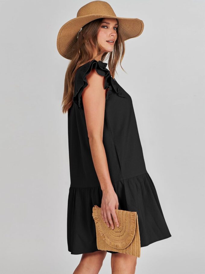 ANRABESS Womens Summer V-Neck Drawstring Ruffle Cap Short Sleeve Casual Shift Mini Dress with Pockets – Bild 7