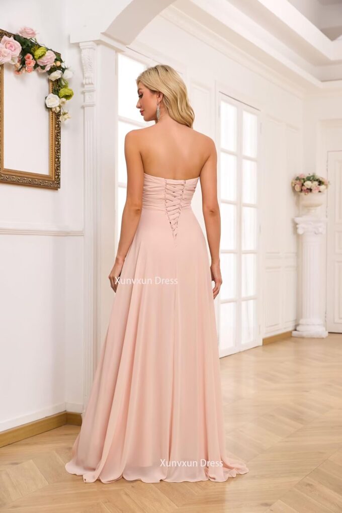 Sweetheart Chiffon Bridesmaid Dresses with Slit Long Pleated Prom Dress Strapless Formal Party Gowns – Bild 2