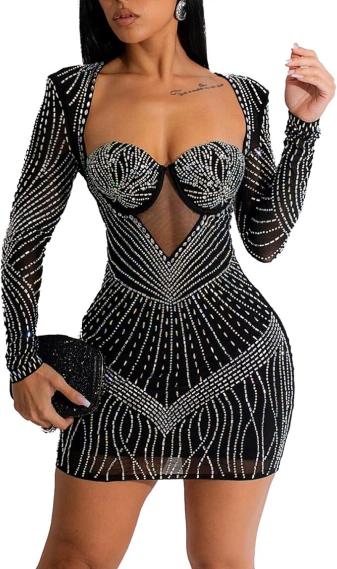 Nagfar Women Rhinestone Dresses Birthday Party Club Bling Birthday Outfits Sexy Dress for Women