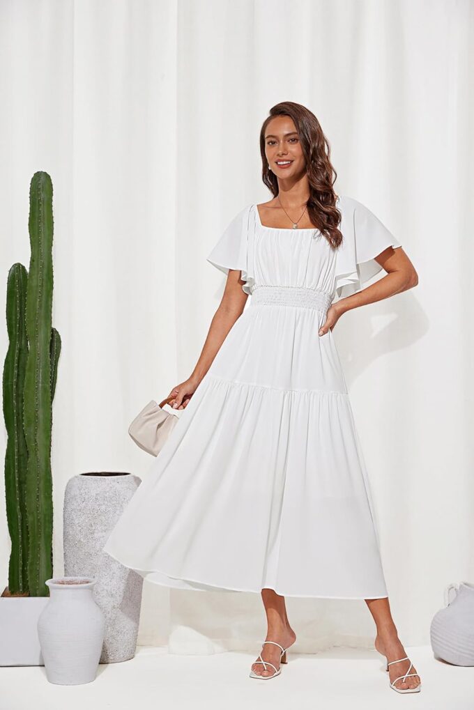 GRACE KARIN Women's Summer Short Sleeve Square Neck Smocked Waist Casual Vacation Tiered Flowy Maxi Dress – Bild 4