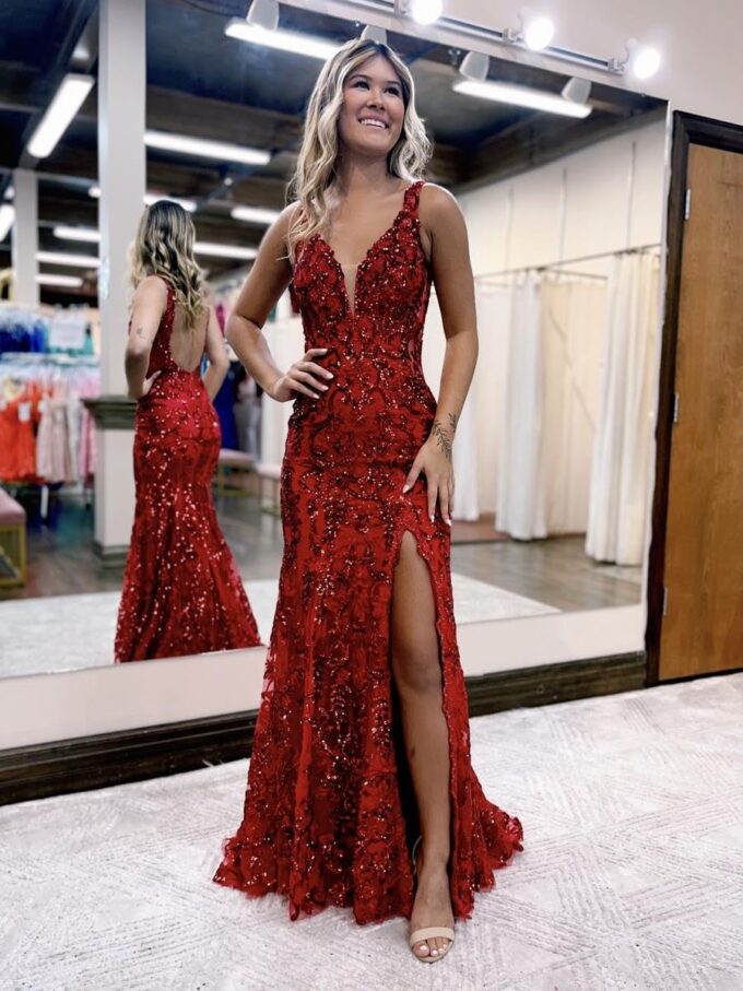 GUKARLEED Women's Sequin Prom Dresses with Slit Sparkly Lace Appliques V Neck Formal Dress Long Mermaid Wedding Guest Dress – Bild 2