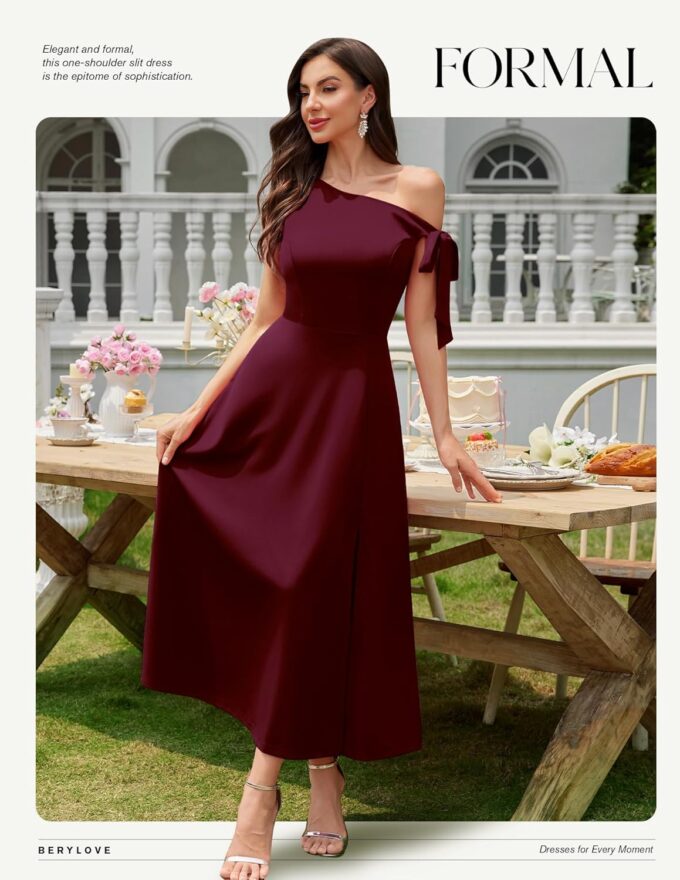 BeryLove Women's Formal Elegant Wedding Guest Dresses One Shoulder A Line Maxi Cocktail Slit Dress – Bild 2