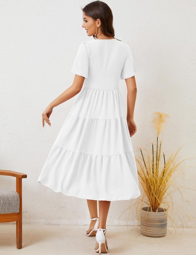 MIDNIGHTSUN Women's Smocked Midi Dress V Neck Flutter Short Sleeve Summer Tiered Dress – Bild 4