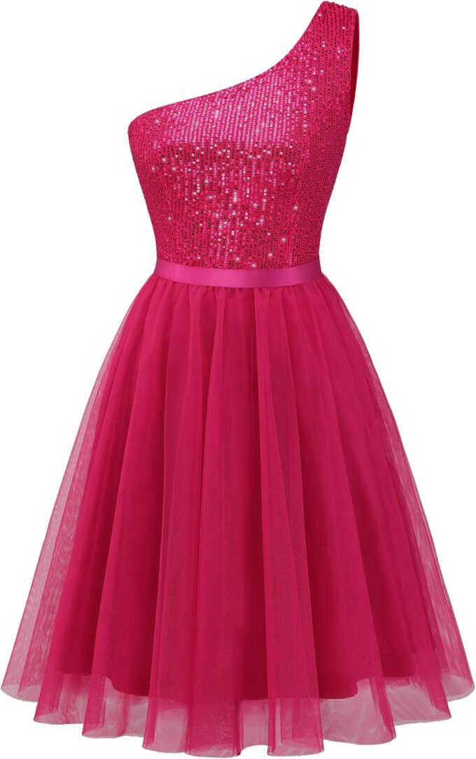 BeryLove Womens Sequin Short Homecoming Dress Formal One-Shoulder Cocktail Dress