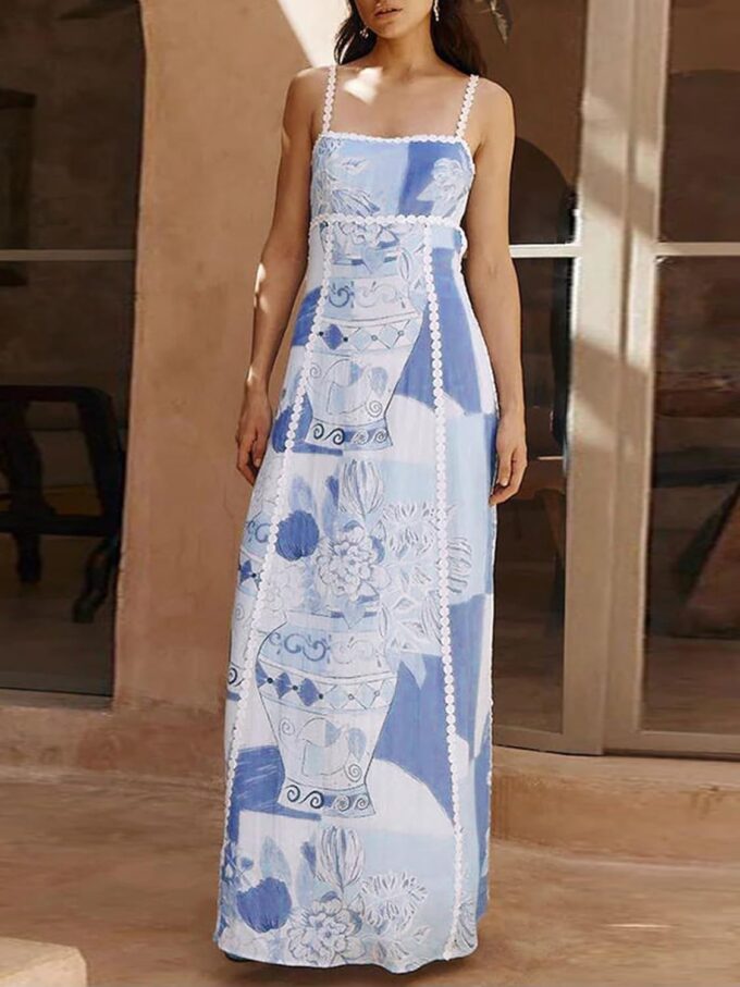 Women Floral Boho Maxi Dress Sleeveless Vintage Floral Tie Back A-Line Party Dress for Vacation Beach Streetwear – Bild 6